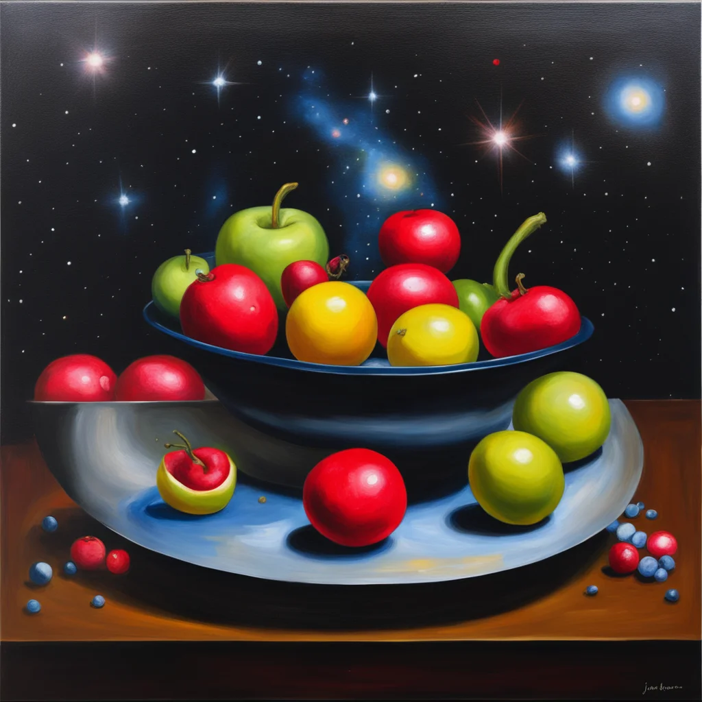 fruit bowl galaxy supernova black hole space red dwarf stars oil painting johannes vermeer still life