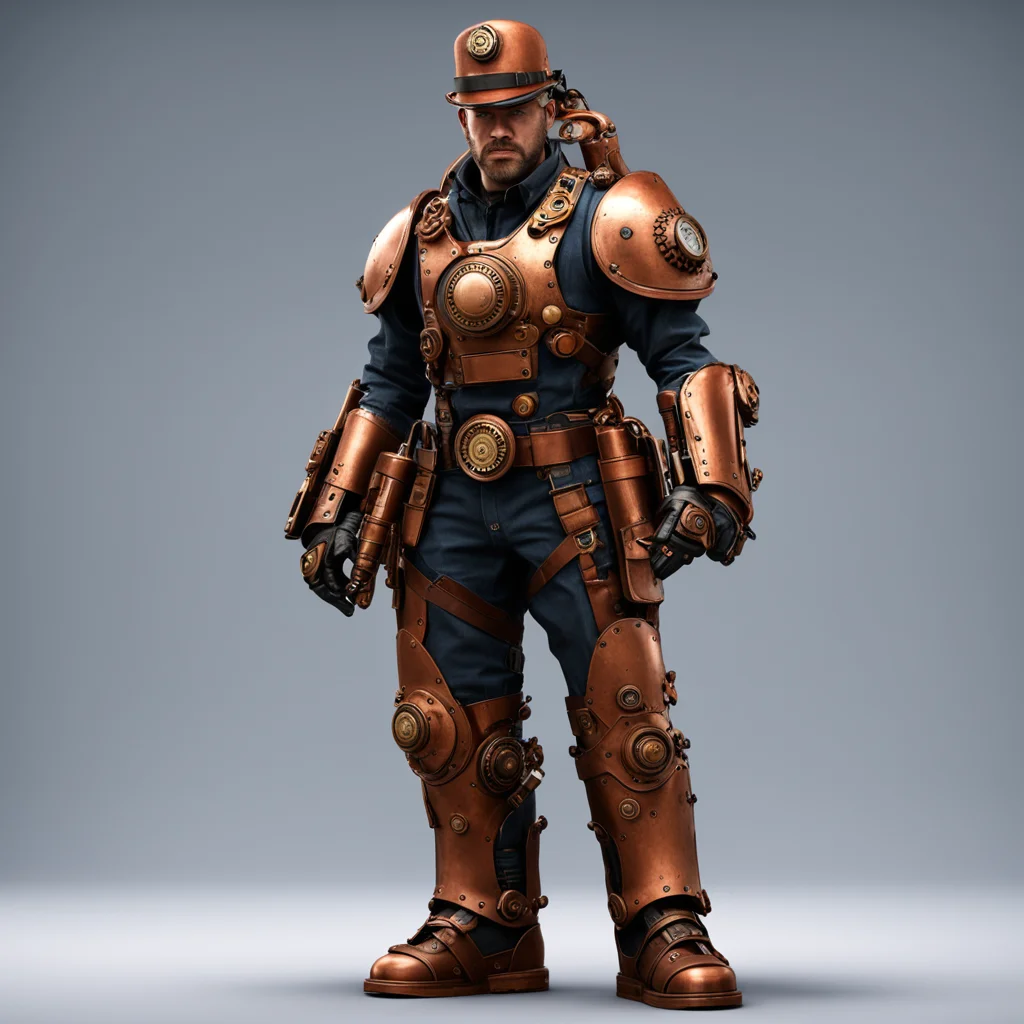 full body character concept steampunk police officer copper mechanical armor parts gears steam vents 3D render photoreal