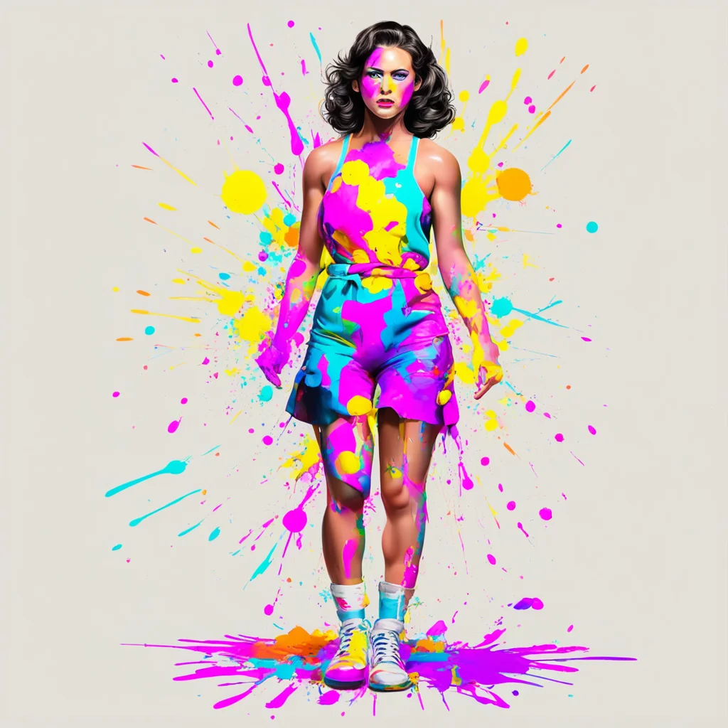 full body detailed illustration of a young attractive woman artist who is a professional wrestler in a paint splattered 