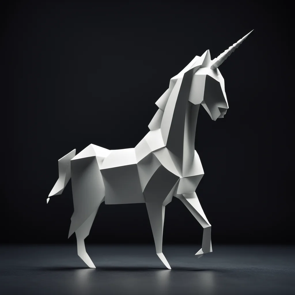 full figure Origami unicorn made from white paper on a black table gloomy haze melancholic dark faded colors ultrarealis