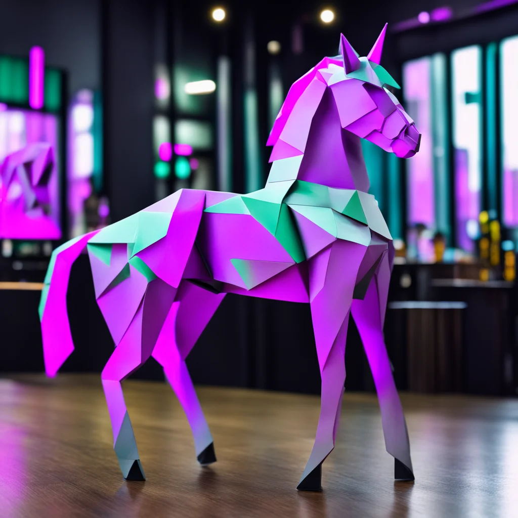 full figure origami unicorn horse on a cyberpunk table bar