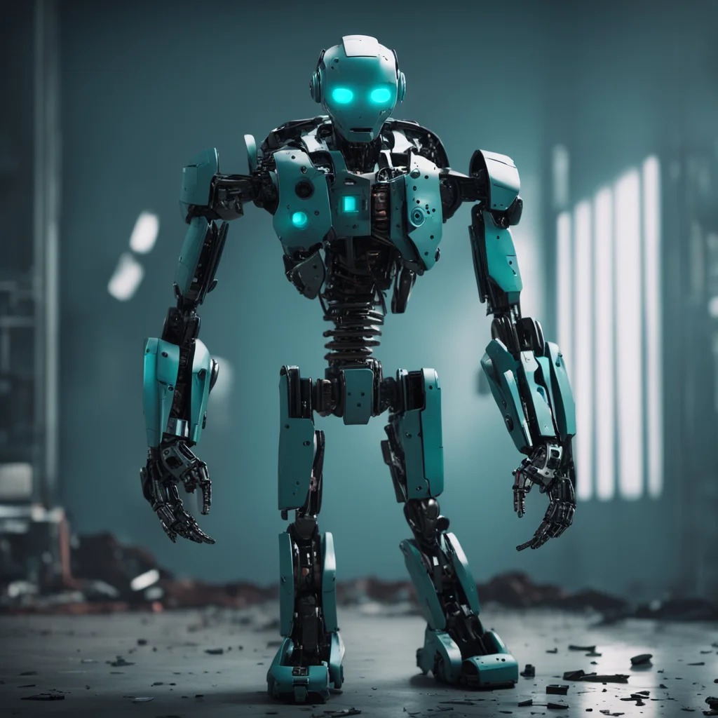 full length moody shot of a humanoid broken robot with teal colored eyes holding broken robot pieces photorealistic 8k o