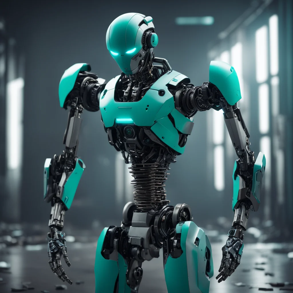 full length moody shot of humanoid robot with teal colored eyes holding broken robot pieces of itself photorealistic 8k 