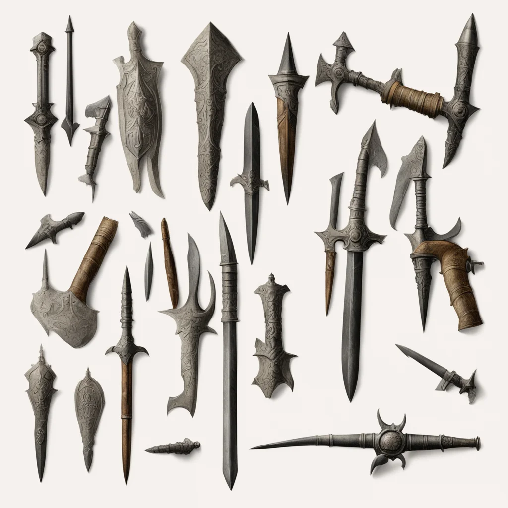 full page antique lithograph of medieval weapons white background art print clean brush stroke realistic highly detailed