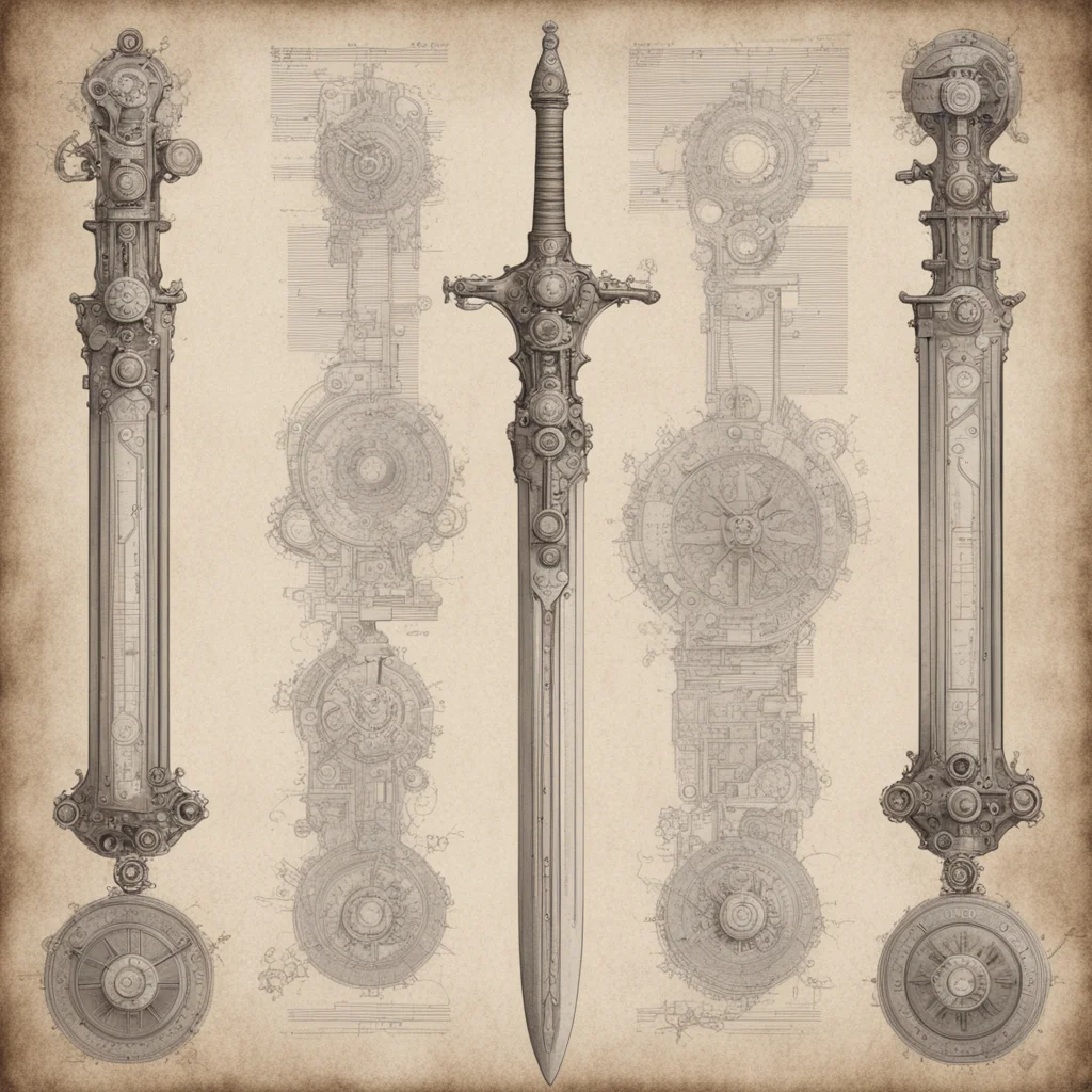 full page scan of detailed illustration of mechanical steampunk sword Renaissance style illustration decay mathematics a