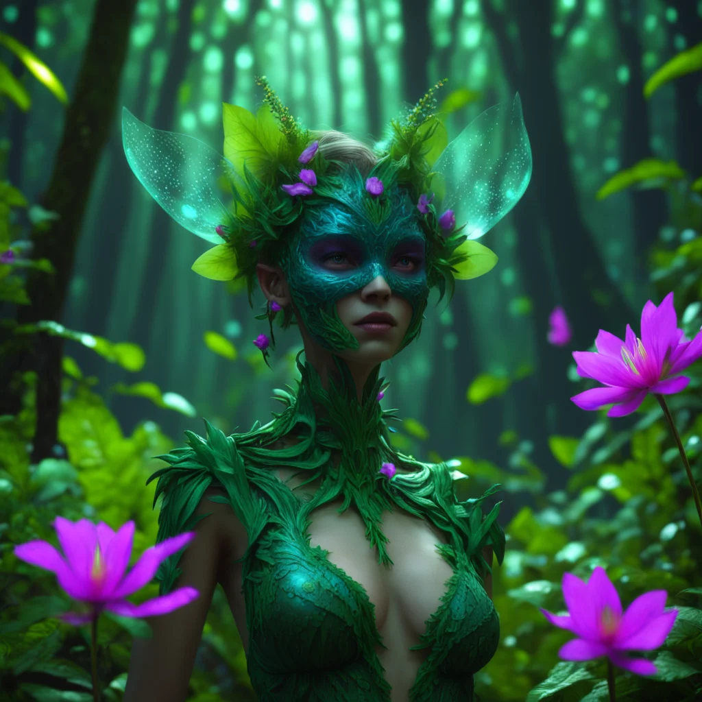 full shot an alluring masked female woodland spritesetting bioluminescent jungle flowers octane rendered 8k uhd hyper re