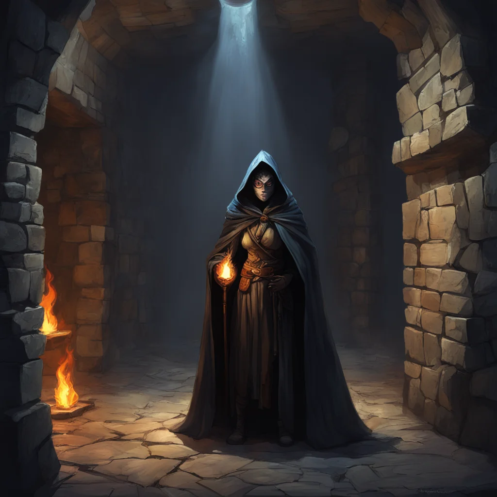 fully masked female shopkeeper wearing cloak in empty stone dungeon room fantasy dnd pathfinder painting foreboding beck