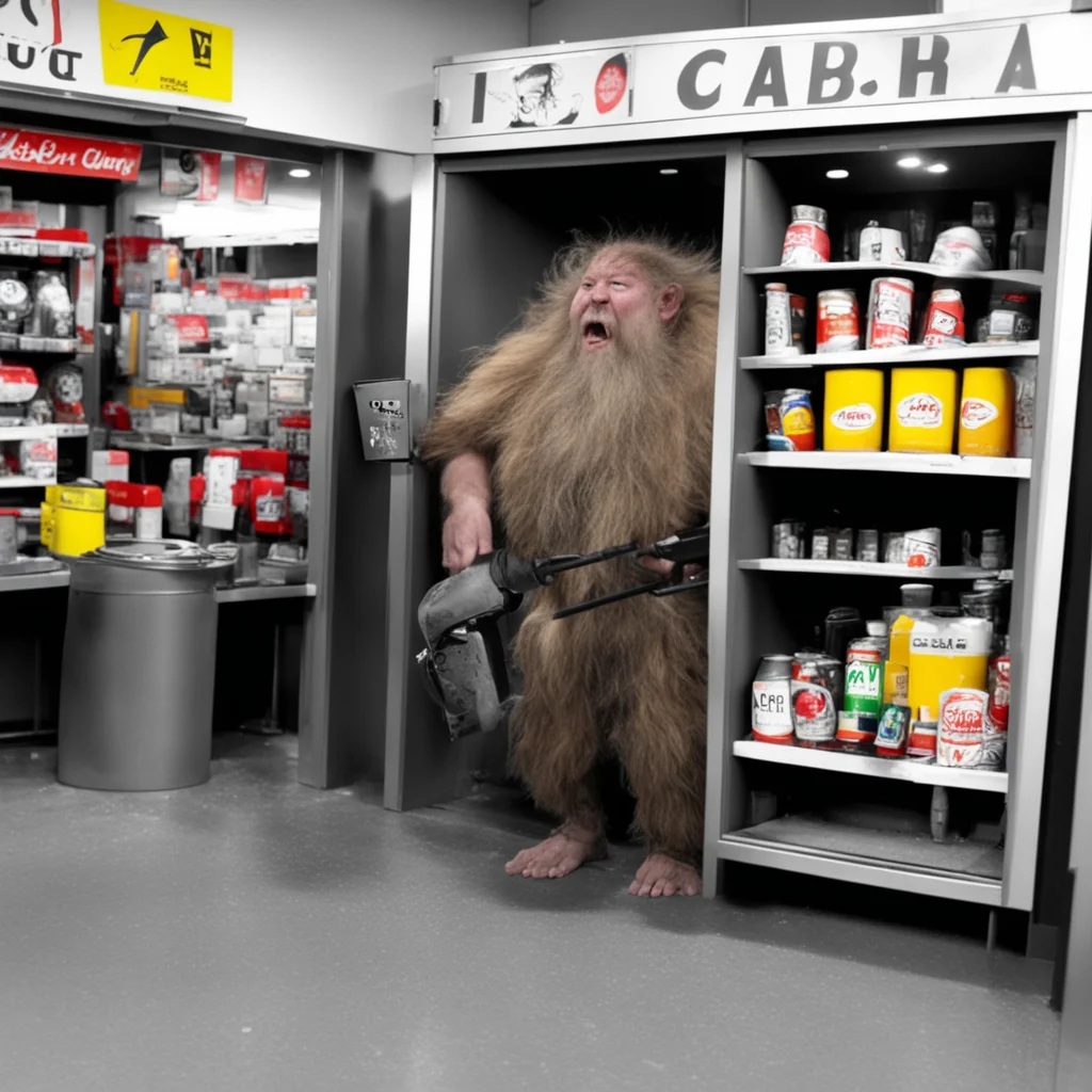 furious barbarian dwarf crushes ipas after smashing through the door on a gas station security camera cameras