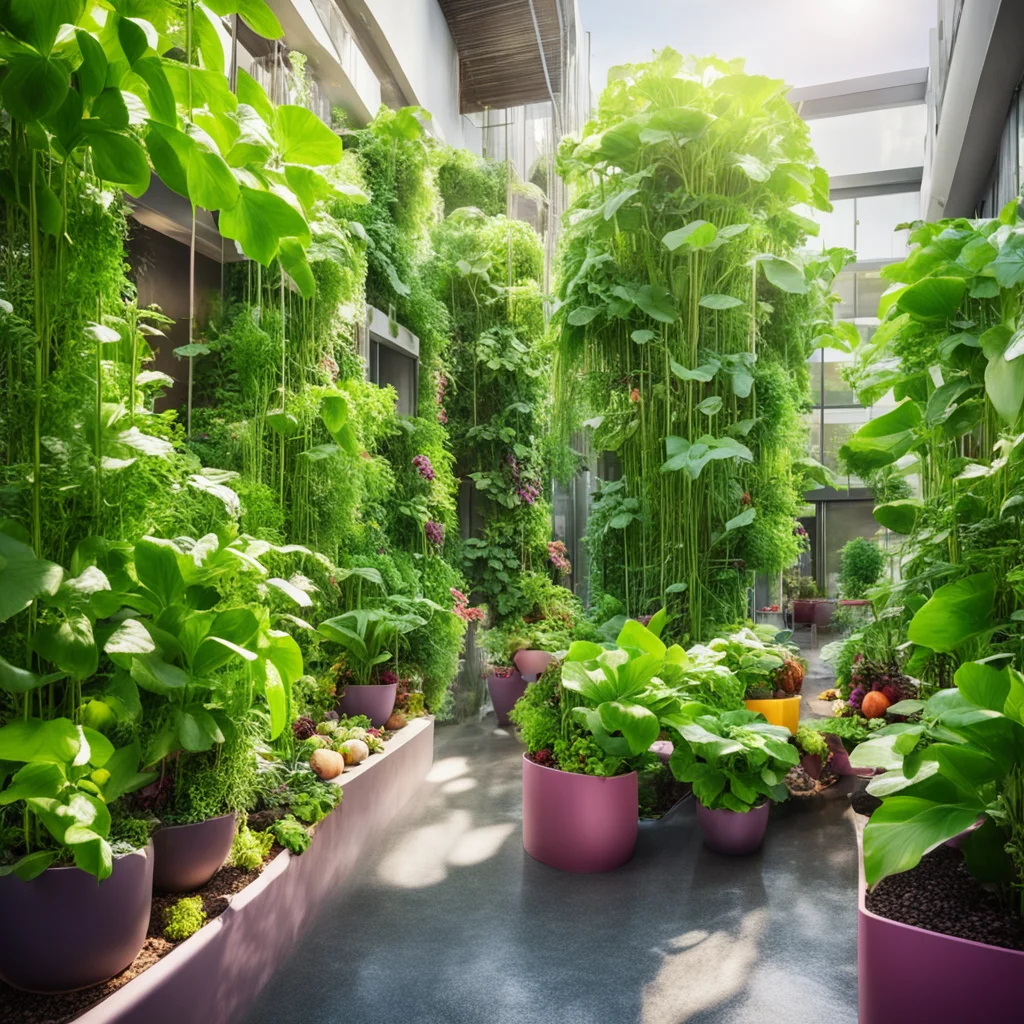 futuristic aquaponic community garden filled with diverse people in an alleyway Central fish farm is hugged by vertical 