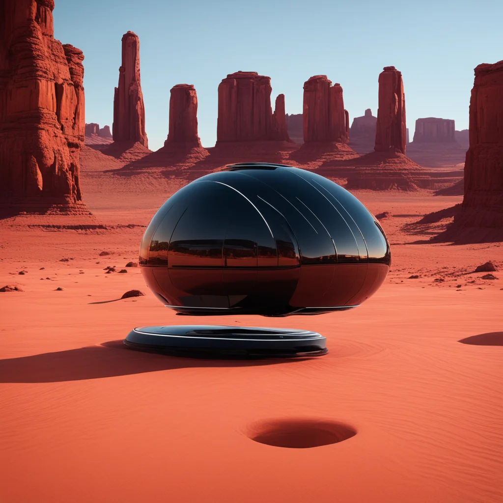 futuristic black reflective floating carvanserai in monument valley setting
