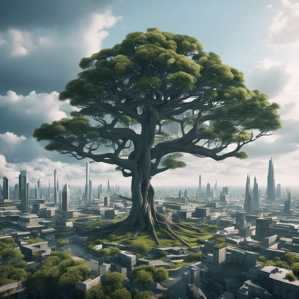 futuristic bleak united kingdom city filled with floating tree platforms ar 169