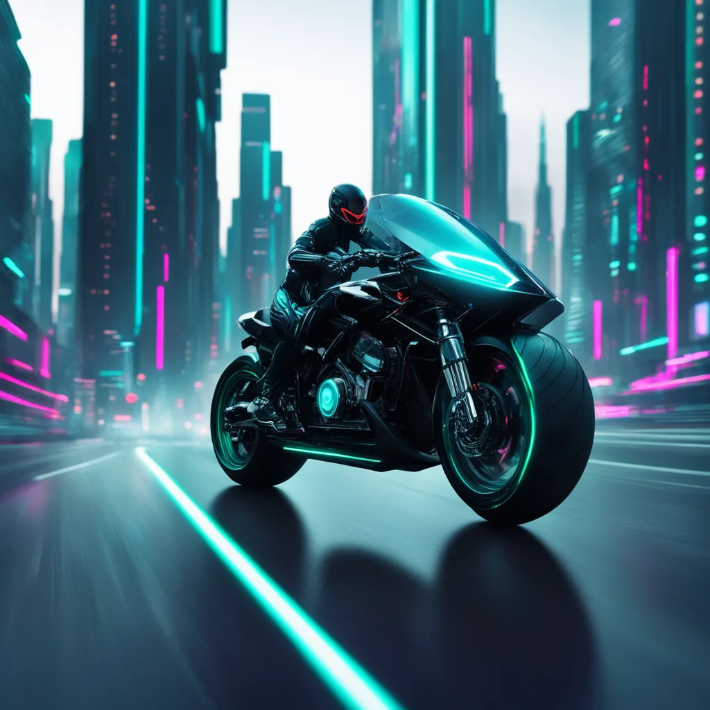 futuristic cyberpunk motorcycle dashing down the highway towards a futuristic city In the style of Tron