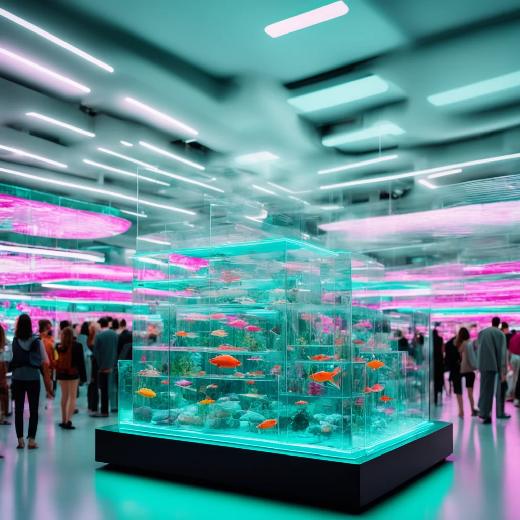 futuristic mall sleek shiny transparent plastic crowds of people y2k fashion style electronics market marketplace glowin