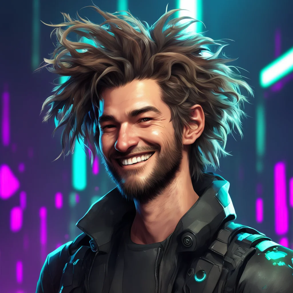 futuristic man with messy hair smiling hermit cyberpunk character