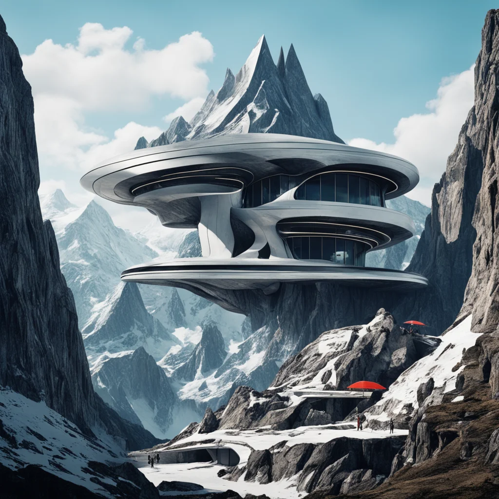 futuristic mountain lair of a bond villain collage —ar 916