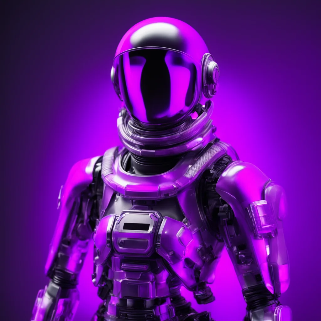 futuristic soldier in a space suit made of opaque transparent purple plastic studio lighting product greebles glowing sh