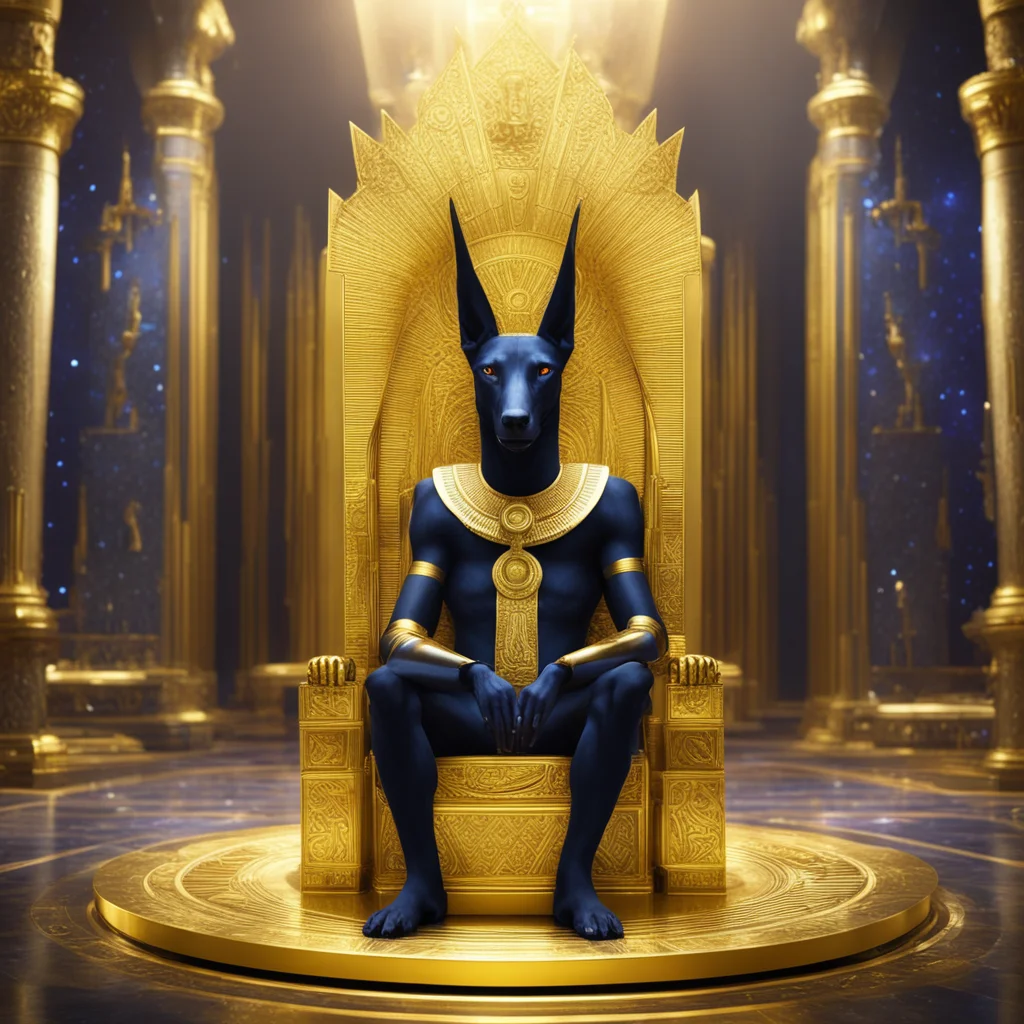 galactic Anubis sitting on a gold throne in a large room