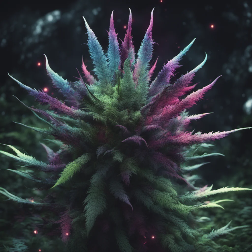 galactic monster marihuana plant made of gas in dark forest mixed colors cinematic octane HD hiperreal ar 169