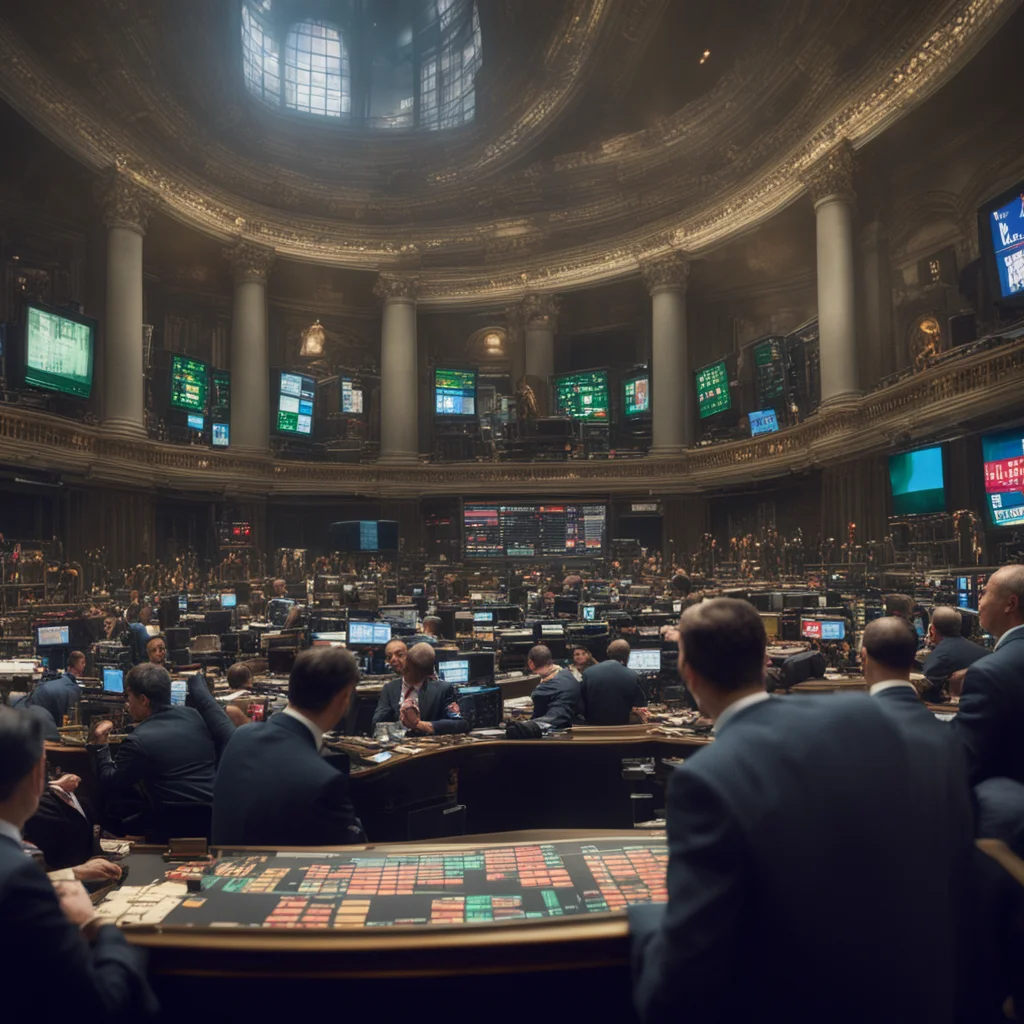 gamblers on the trading floor of the New York Stock Exchange hyperrealistic matte painting 8k cinematic dramatic lightin