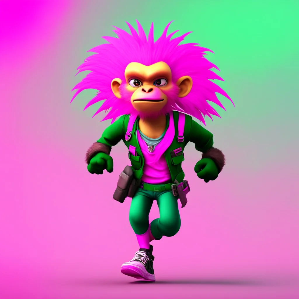 game concept open world survival game punk monkey hero running with gun pink hair tarsila do amaral style ar 169