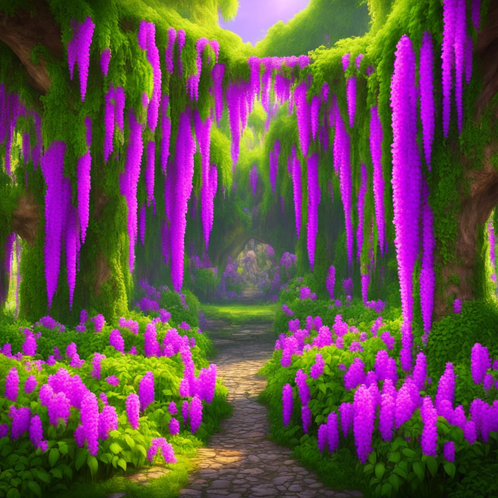 garden of eden vivid colorful flowers lots of purple and pink wisteria hanging from ceiling overgrown vines moss style o