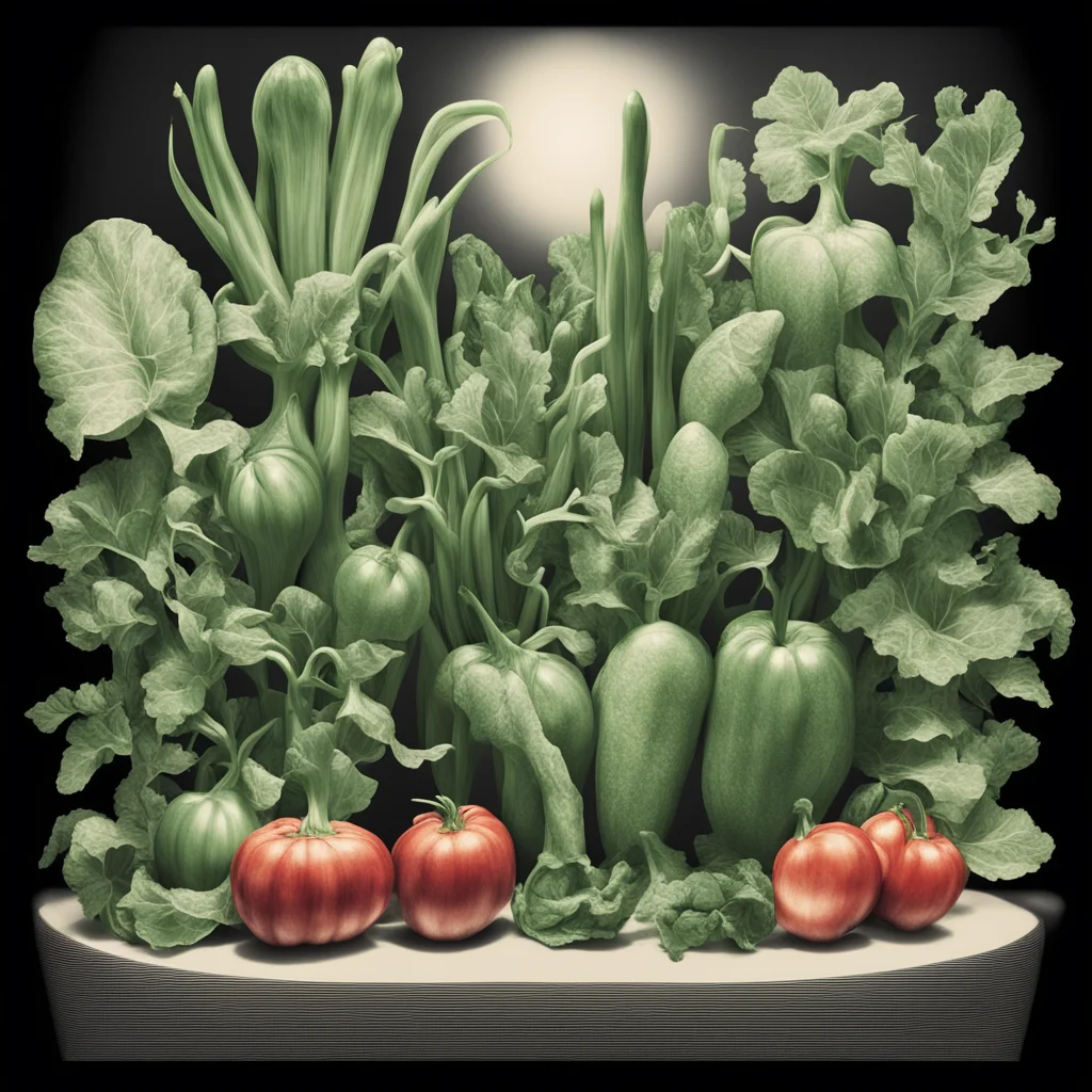 garden vegetables in the style of 1950s poster realistic linotype double exposure w 3000 h 8000 uplight