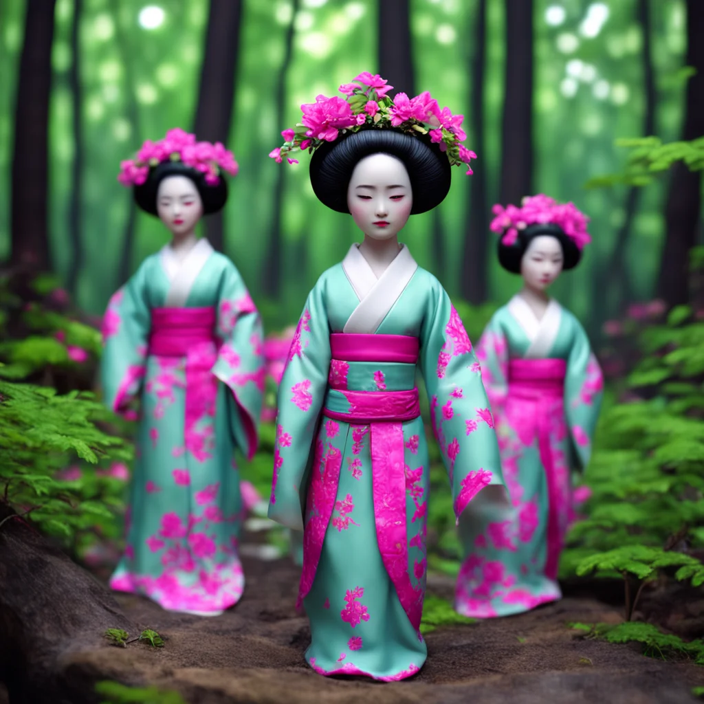 geisha porcelain dolls yoga poses Asian forest environment cinematic 4k very detailed render