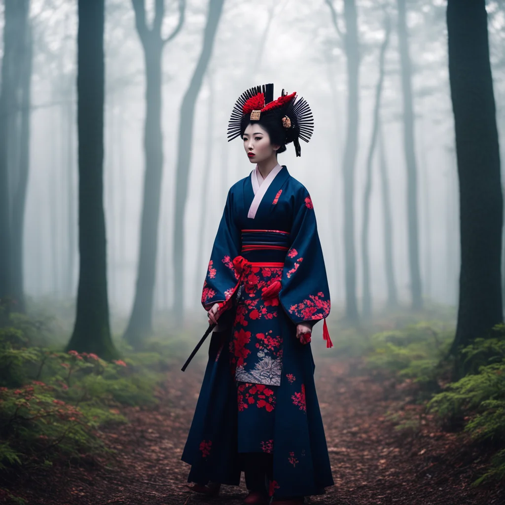 geisha soldier in the woods at daybreak with fog