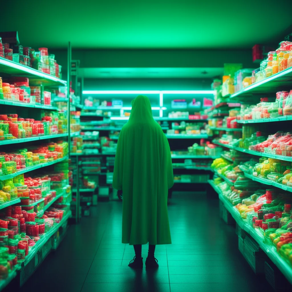 ghost checking out at the grocery store eerie somber lighting horror mood blue light leak neon windows cinematic green c