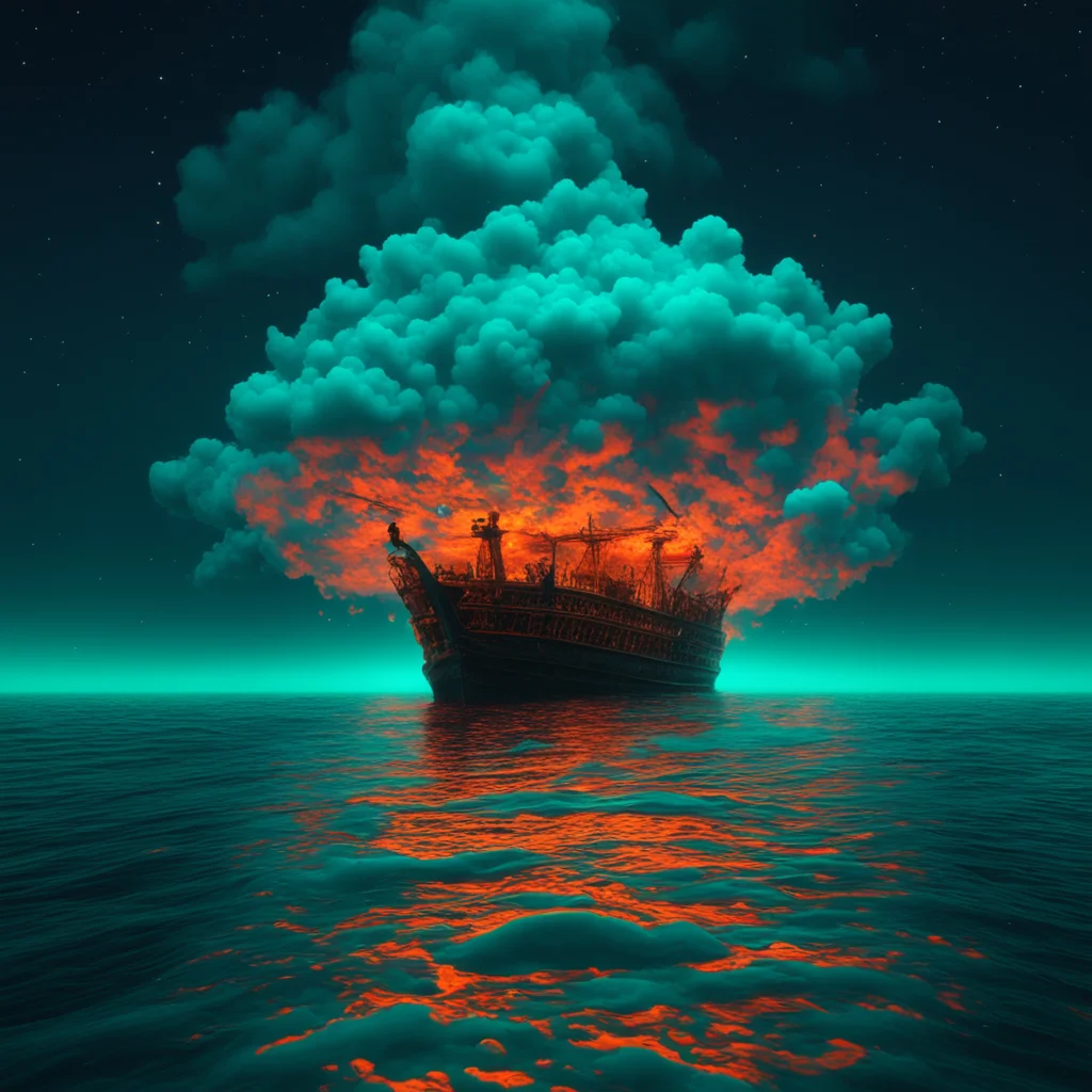 ghostly psychedelic fractal clouds in night sky over bubbling black oil sea Egyptian funerary boat mist cinematic establishing shot 8k octane render  or
