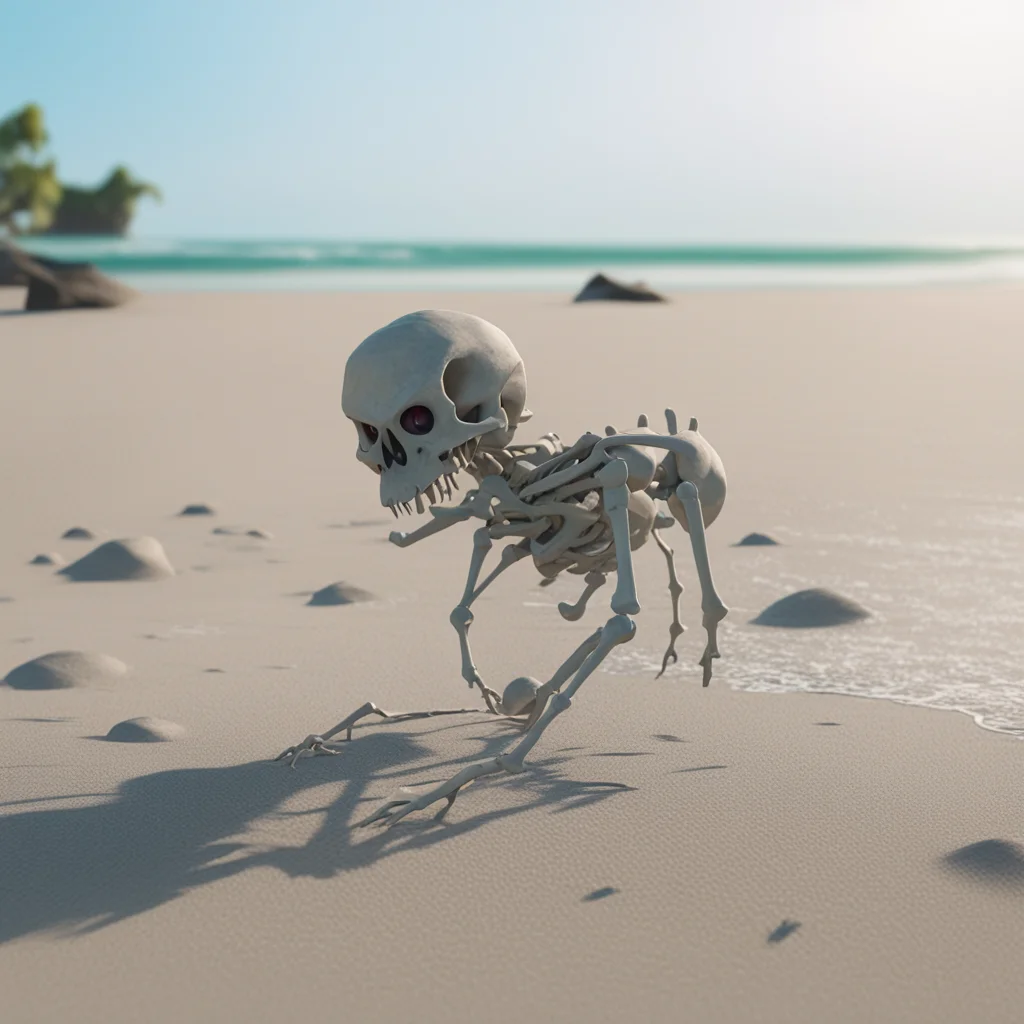 giant Pokémon skeletons littered on a deserted beach realistic hyper realism volumetric lighting rendered in octane 4k p