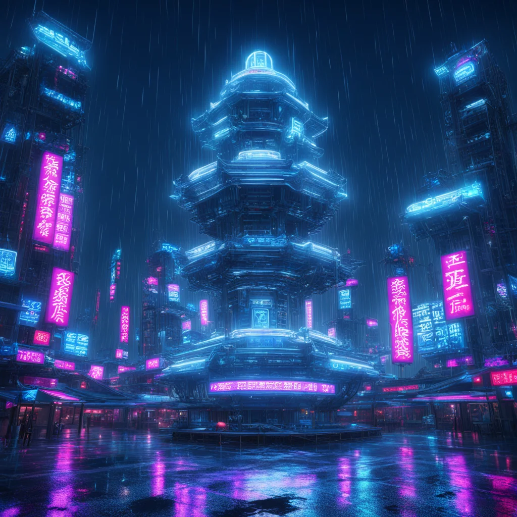 giant blue and white porcelain with chinese style flora pattern connected on a rocket launch pad in rain night neon city