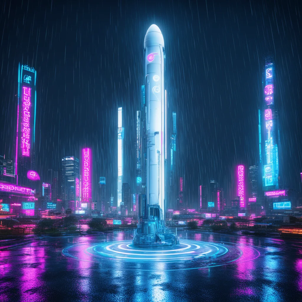giant blue and white porcelain with flora pattern connected on a rocket launch pad in rain night neon citycyberpunk styl