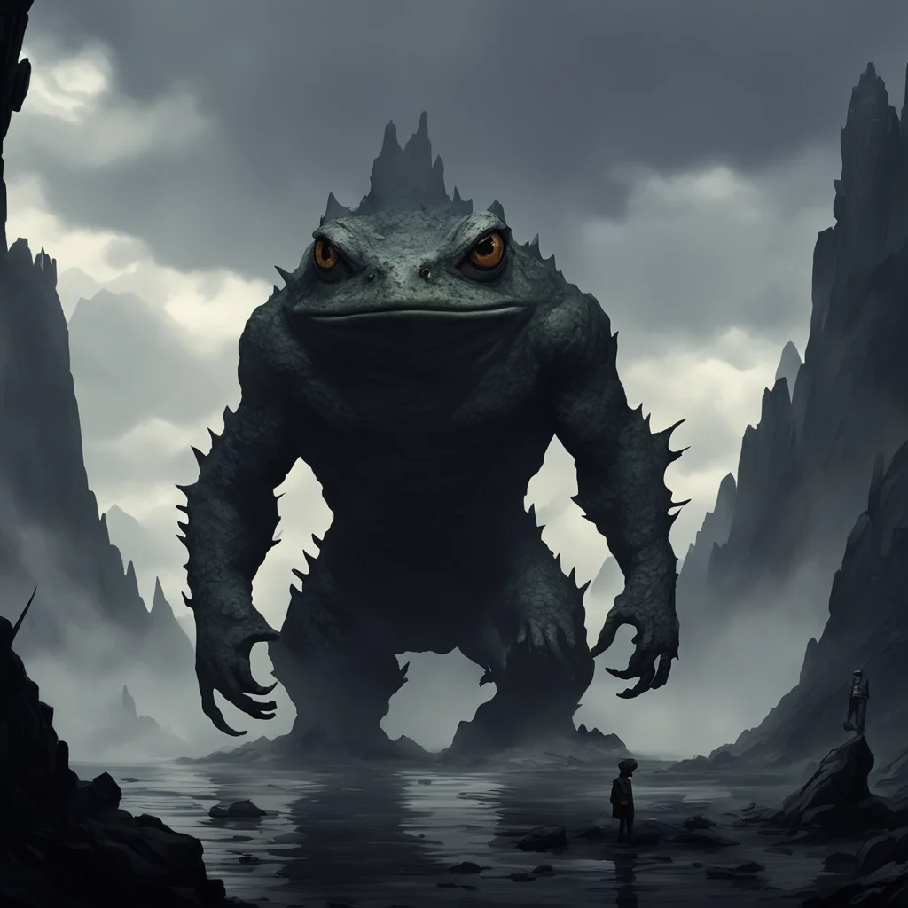 giant frog demon towers over tiny man in an environment of jagged obsidian dramatic dark
