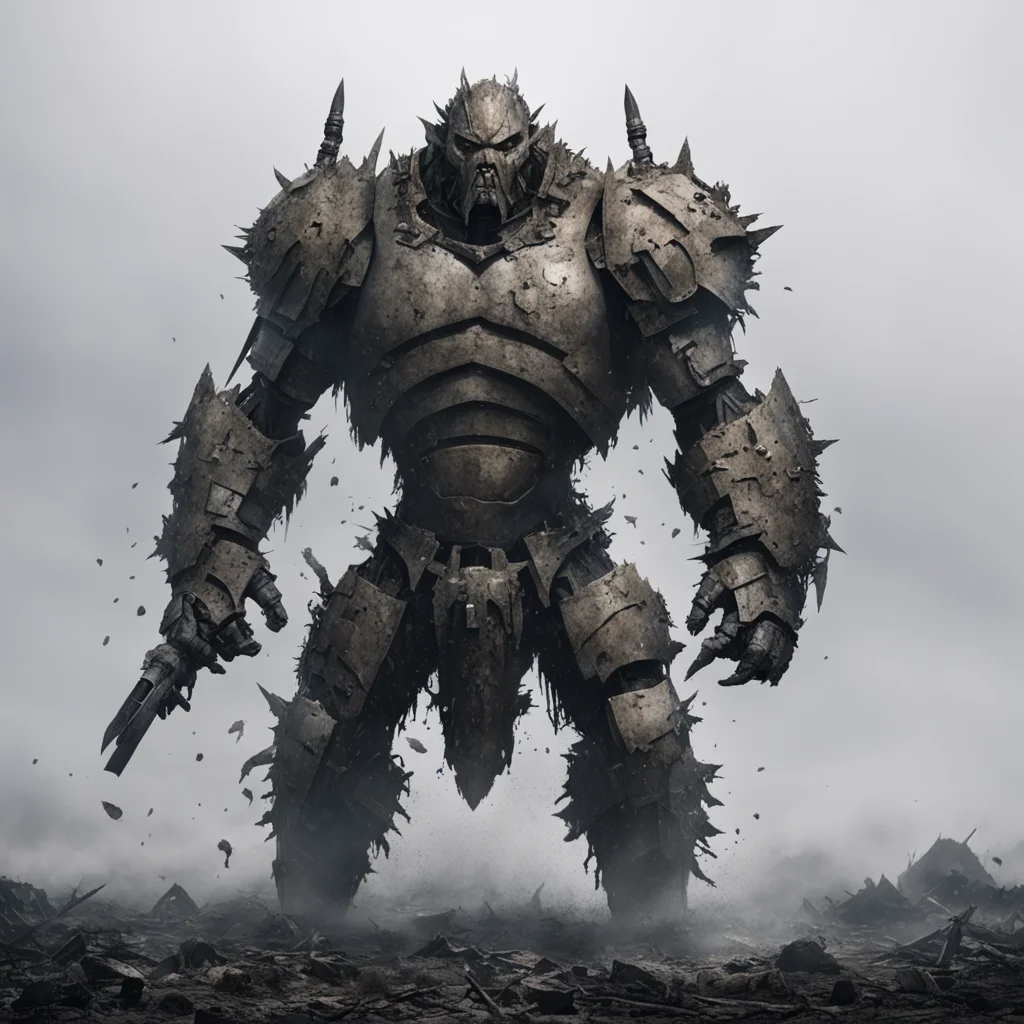 giant guardian golem made out of pieces of armor and medieval weapons mashed together by a spell gritty on a battlefield