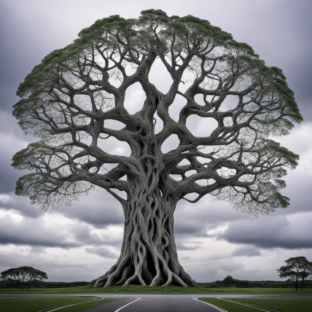 giant kilometer yggdrasil artificial tree on the horizon symmetrical fractal branches like gossamer web technological  g