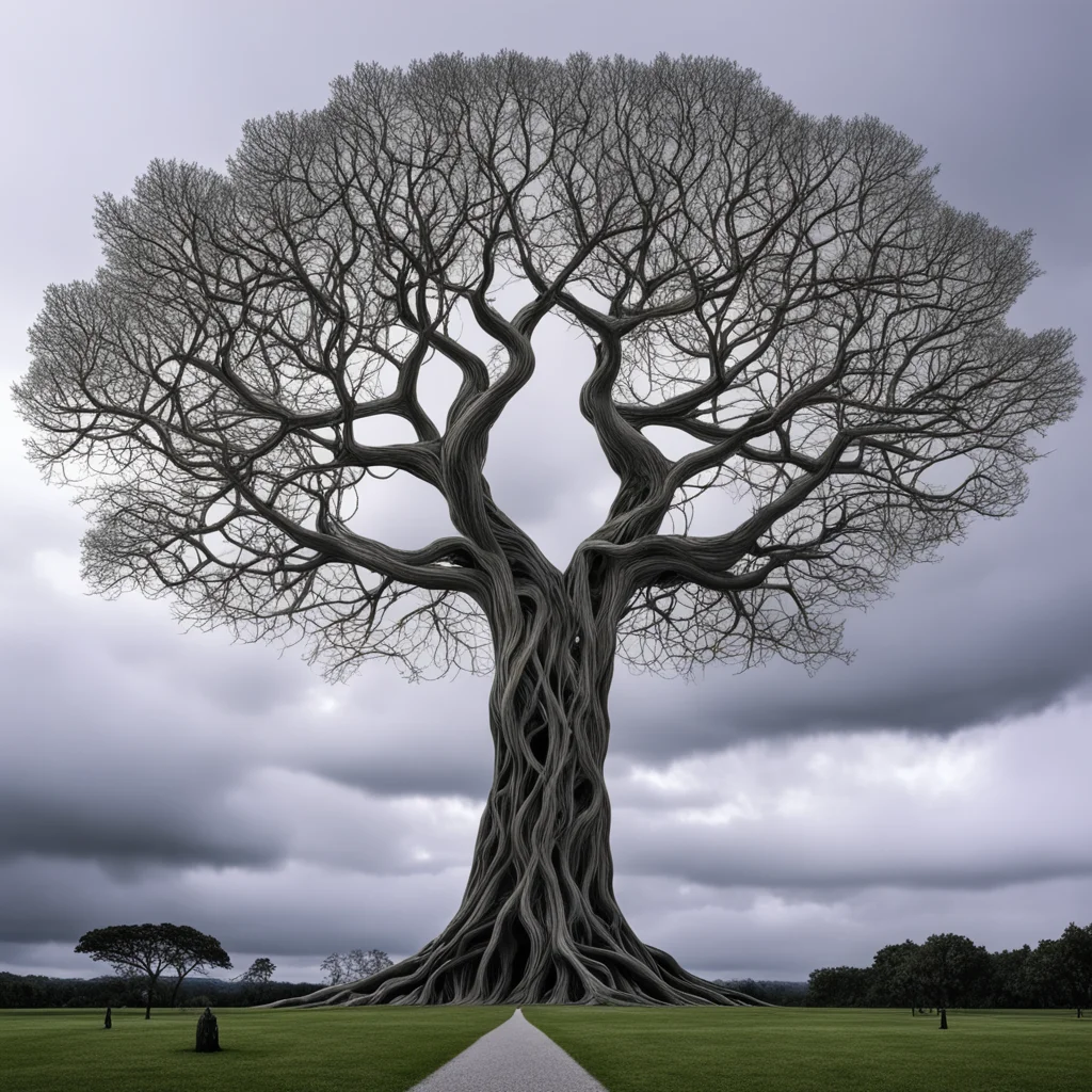 giant kilometer yggdrasil artificial tree on the horizon symmetrical fractal branches like gossamer web technological sy
