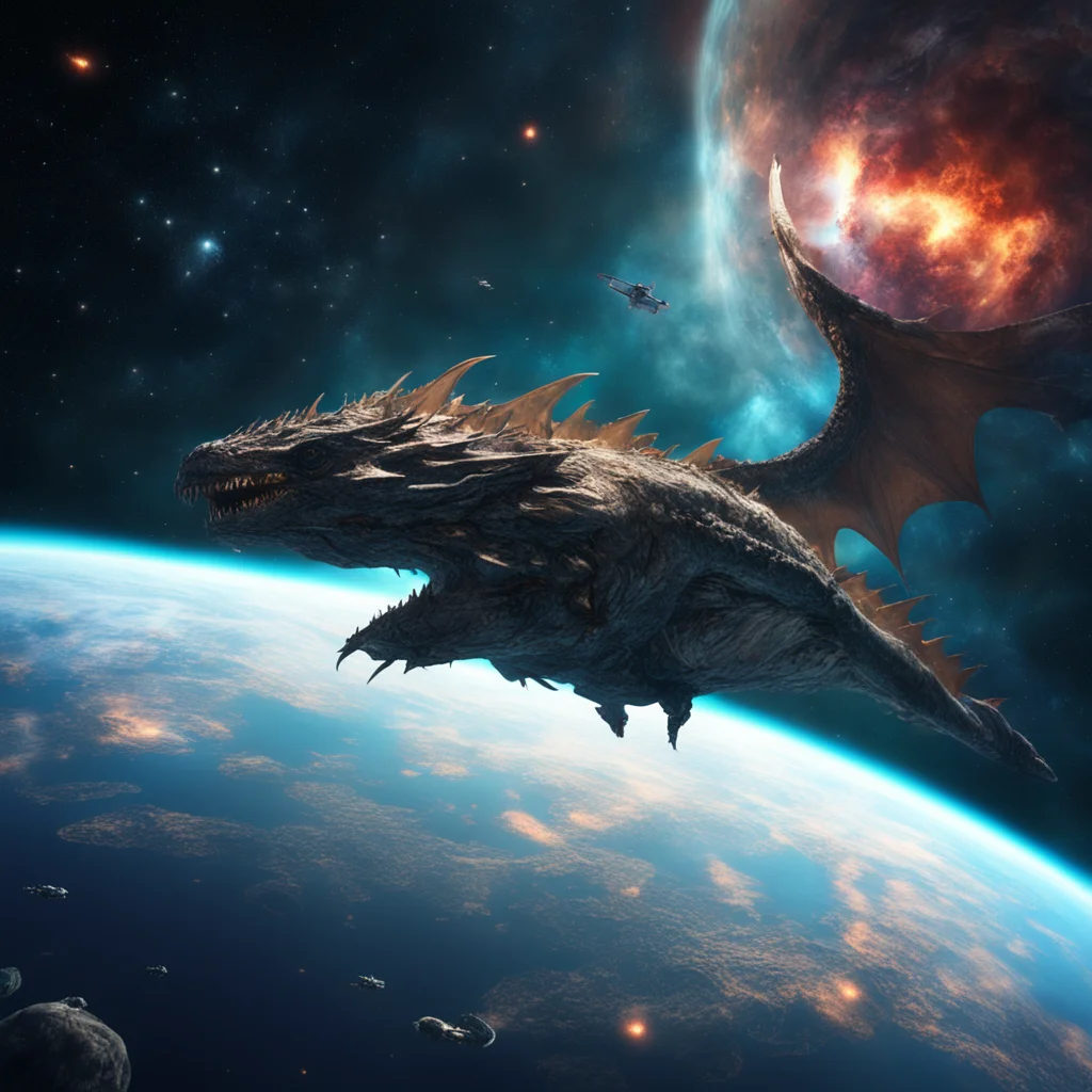 giant leviathan dragon in space flying through a gas nebula with small spaceships in the foreground Vast cinematic space