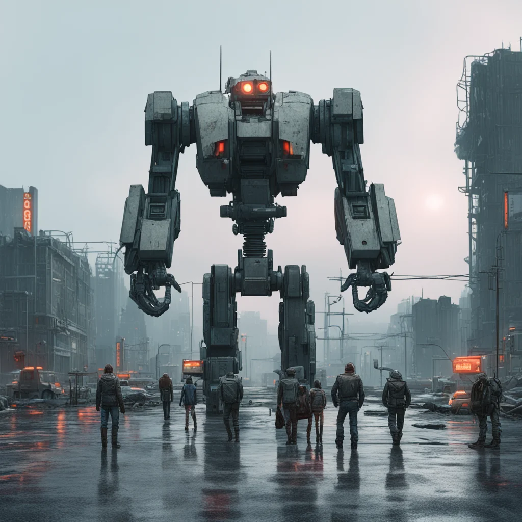 giant mech jaegar standing in the distance mid ground with small people standing in a concrete abandoned parking lot in 