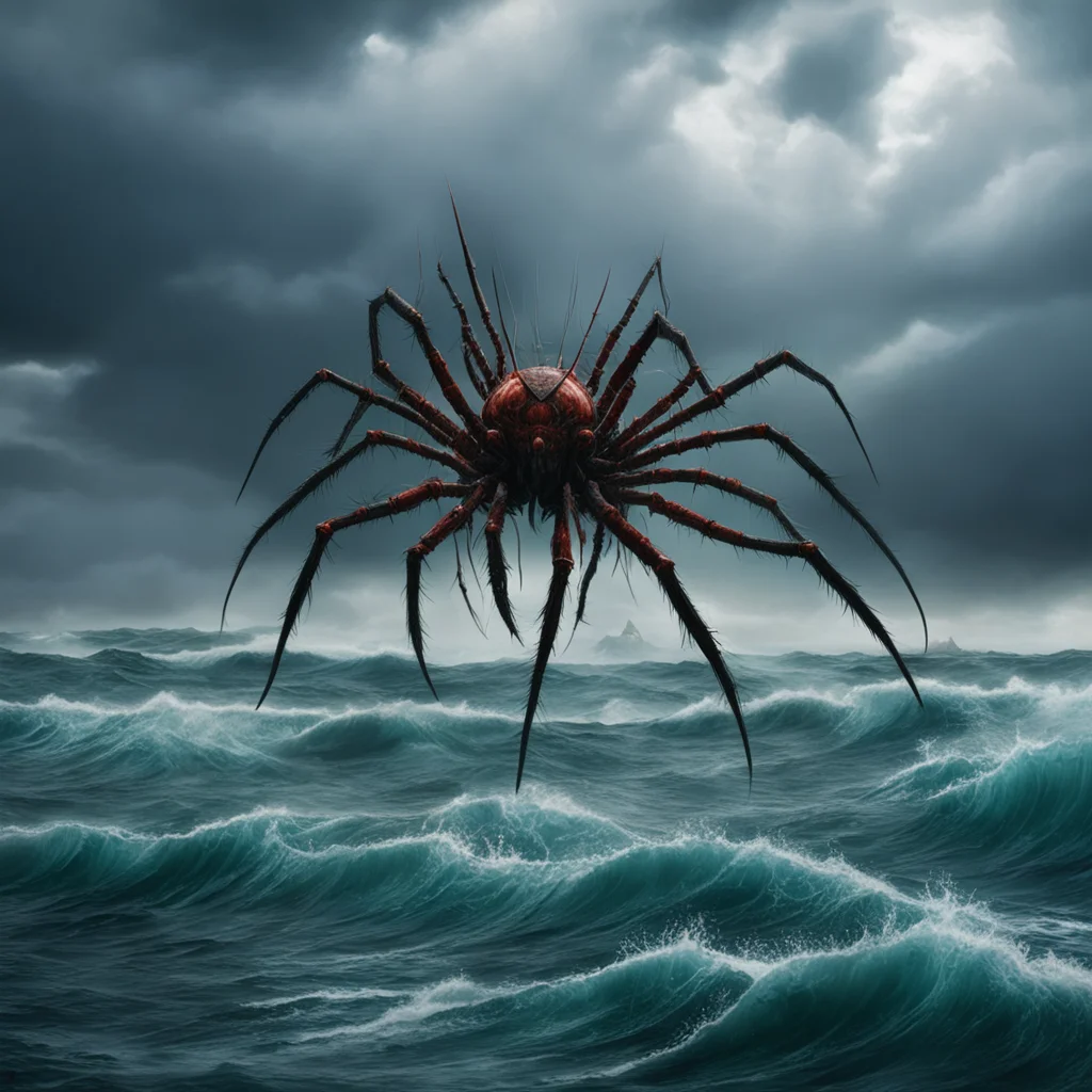 giant ocean spiders weave a web on a battleship fleet in a stormy ocean in the style of Marc Simonetti dramatic cinemato