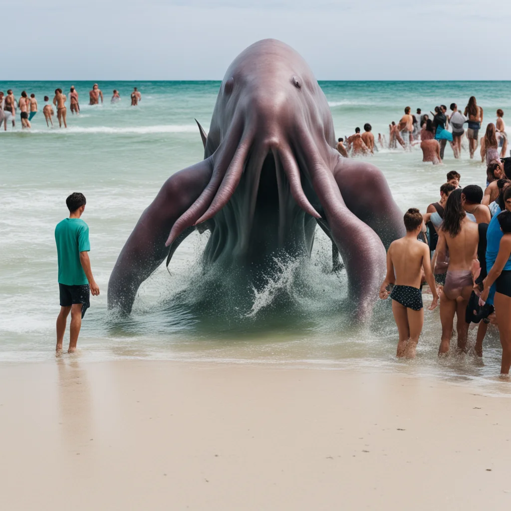 giant sea creature coming out of the water at a crowded beach aspect 32
