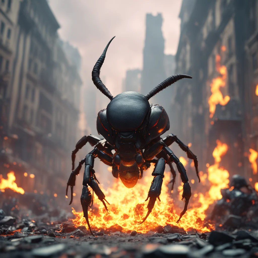 giant stag beetle army attacking in front of flaming buildings in the background apocalypse cinematic shot weta workshop
