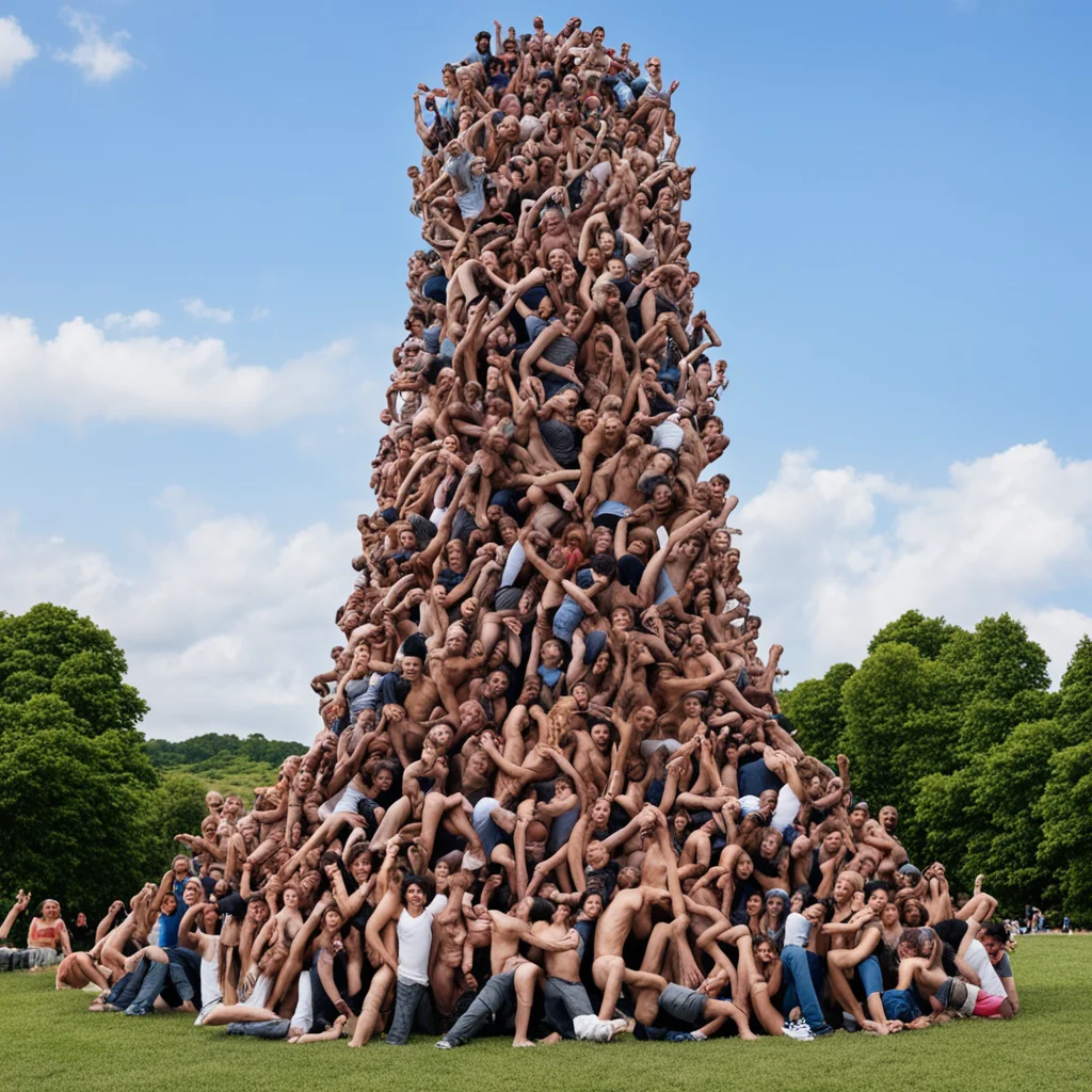 giant tower made of humans pile photo life outdoor —ar 34