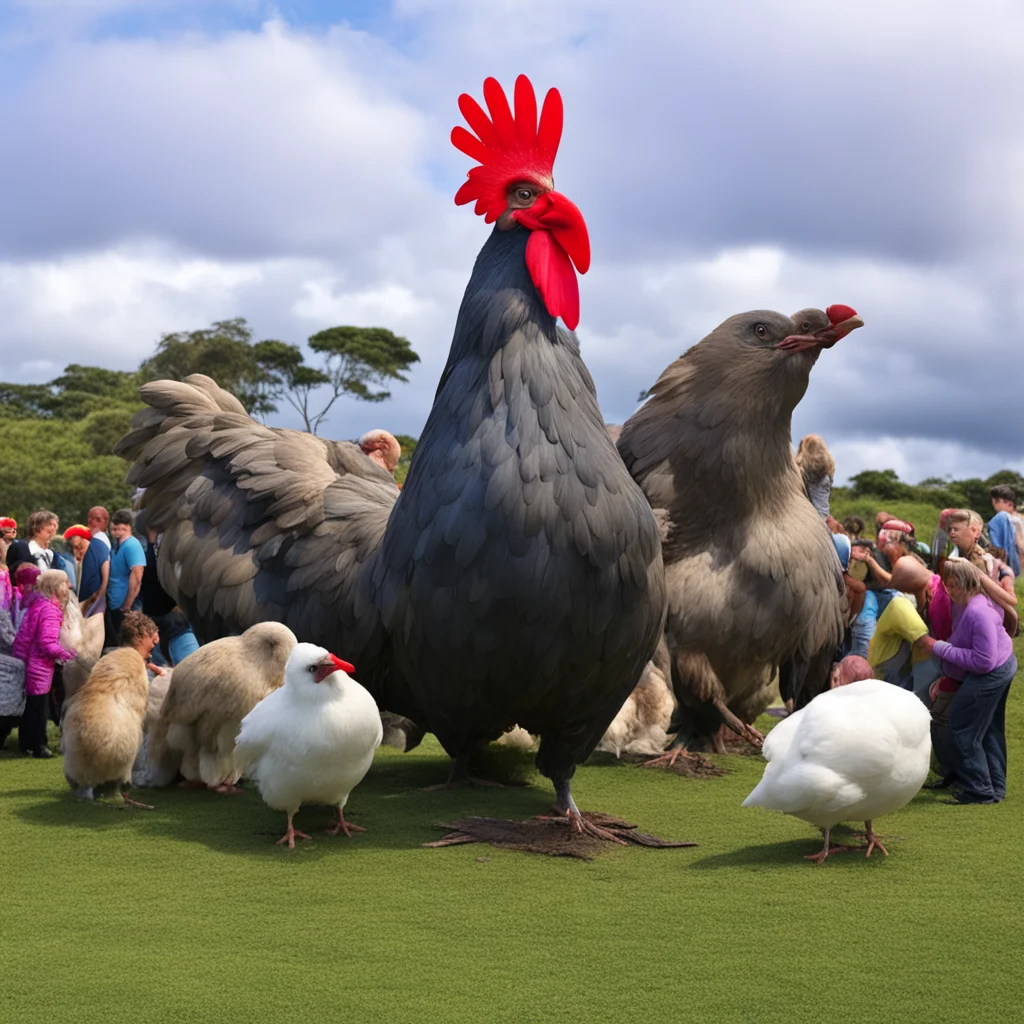 gigantic chicken is laying easter island heads for a crowd of pidgeons