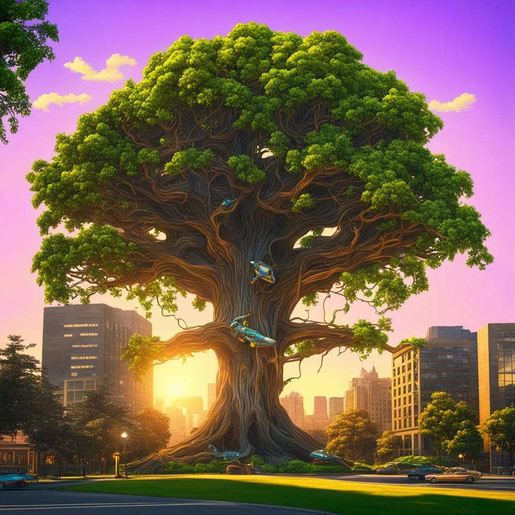 gigantic tree with a retro futuristic raygun gothic style city nestled in its branches angles golden hour sunset aspect 