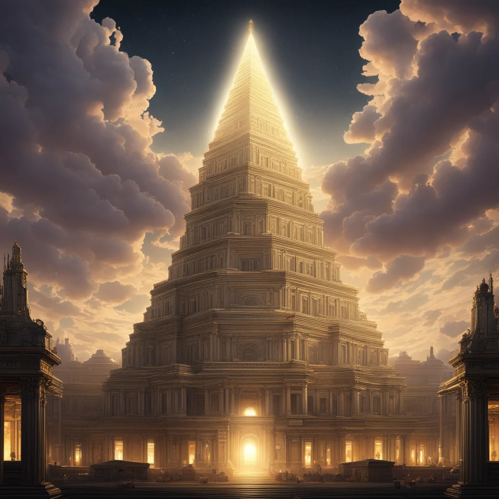 gigantic white pyramid gold capstone at the top steampunk light emitting skyward from the top sunset dark sky stars domi