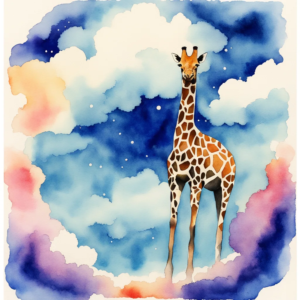 giraffe disappering into a hole in the sky abstract watercolors dreamlike japanese risograph
