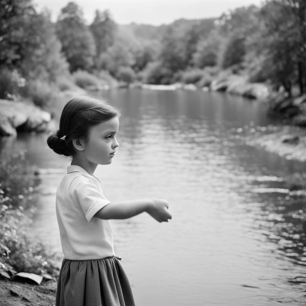 girl playing with a balloon next to a river in 50s black and white vintage photo shot close up from over the shoulder wa