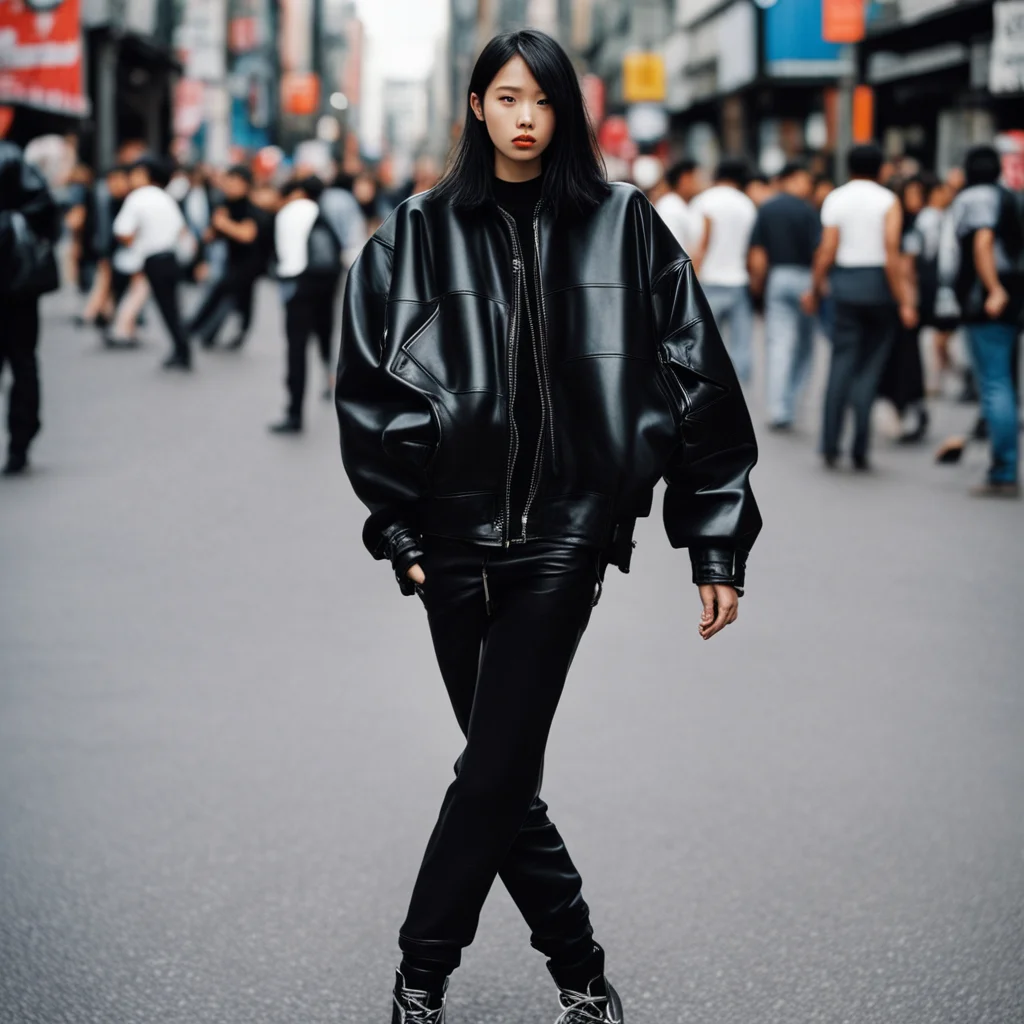 girl wearing black super large baggy pants and black oversized motor jacket at mosh pit by hajime sorayama —h 350