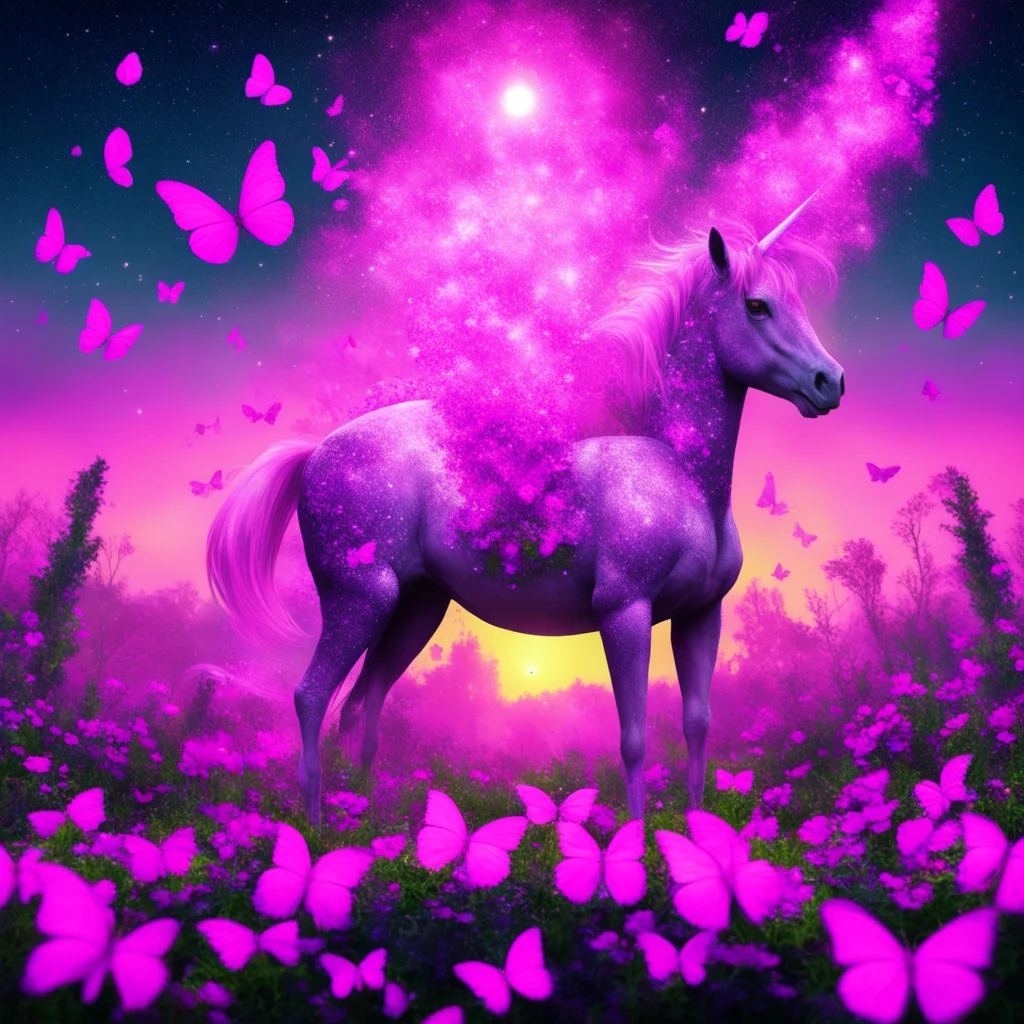 glitter unicorn spawn pink butterflies gas techno organic sci fi utopia psychedelic sunset